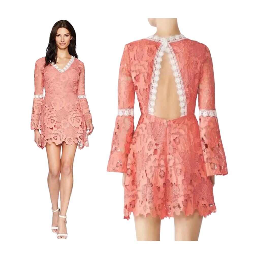 Alexia Admor Pink Contrast Lace Overlay Bell Long Sleeve Mini Dress Size Small